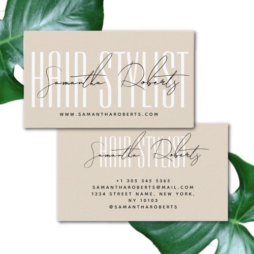 Hair stylist modern typography script light tan business card