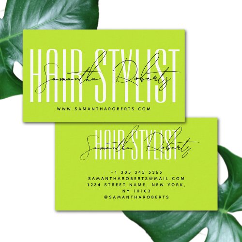Hair stylist modern typography script neon green business card