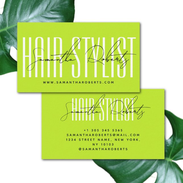 Hair stylist modern typography script neon green business card (Creator Uploaded)