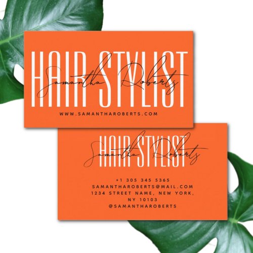 Hair stylist modern typography script neon orange business card