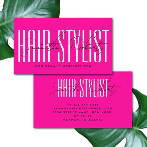 Hair stylist modern typography script neon pink business card
