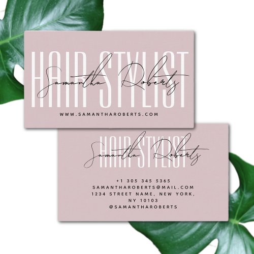 Hair stylist modern typography script neutral pink business card