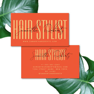 Hair stylist modern typography script orange business card