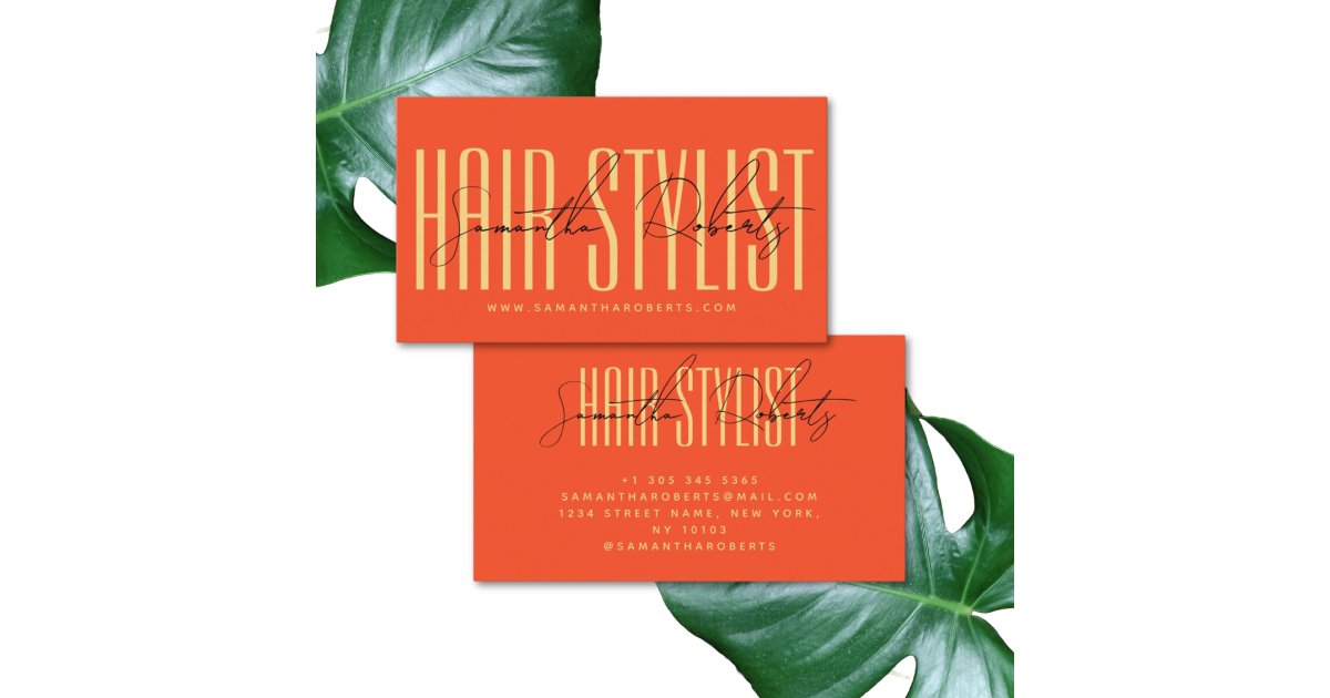 Hair stylist modern typography script orange business card | Zazzle