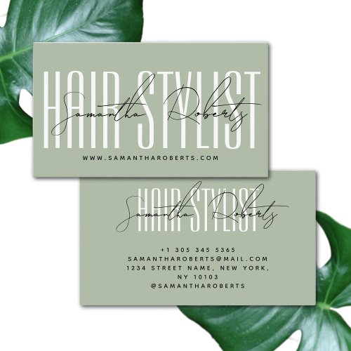 Hair stylist modern typography script sage green  business card