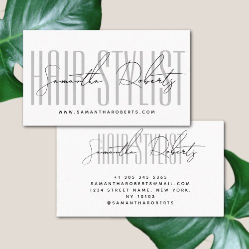 Hair stylist modern typography script white business card