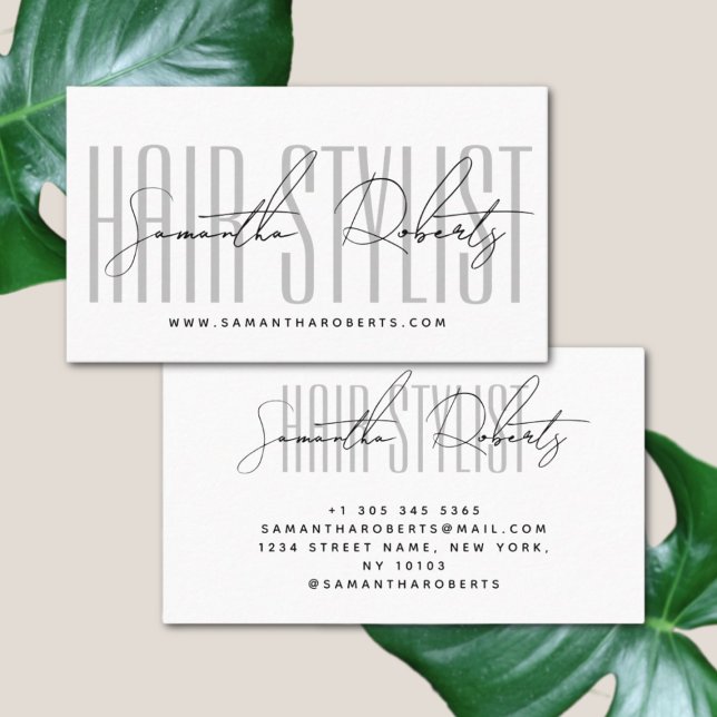 Hair stylist modern typography script white business card (Creator Uploaded)