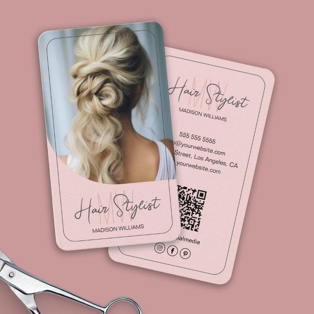 Hair Stylist Monogram Logo Photo Blush Pink Business Card (Hair Stylist Monogram Logo Photo Blush Pink Business Card)
