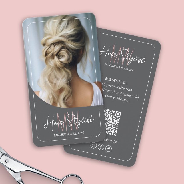 Hair Stylist Monogram Logo Photo Gray Business Card (Hair Stylist Monogram Logo Photo Gray Business Card)