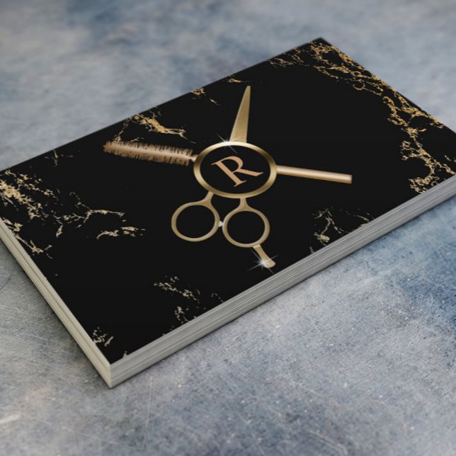 Hair Stylist Monogram Luxury Black & Gold Marble Business Card (Creator Uploaded)