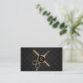 Hair Stylist Monogram Modern Black & Gold Business Card (Standing Front)