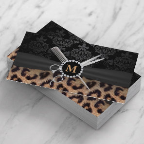 Hair Stylist Monogram Modern Leopard Print Business Card