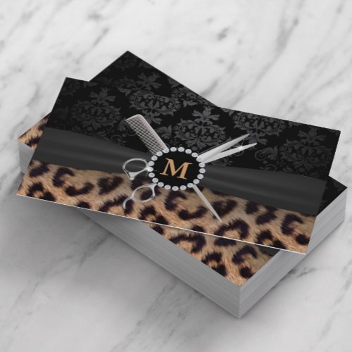 Hair Stylist Monogram Modern Leopard Print Business Card