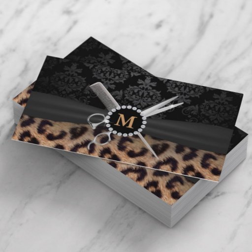 Customizable Hair Stylist Monogram Modern Leopard Print Business Card