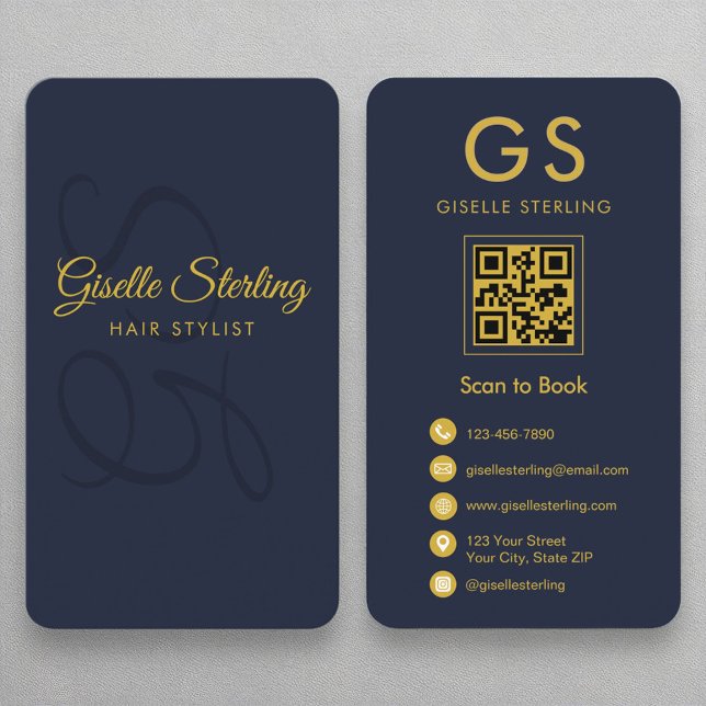 Hair Stylist Monogram Navy Blue Gold QR Code Business Card (Creator Uploaded)