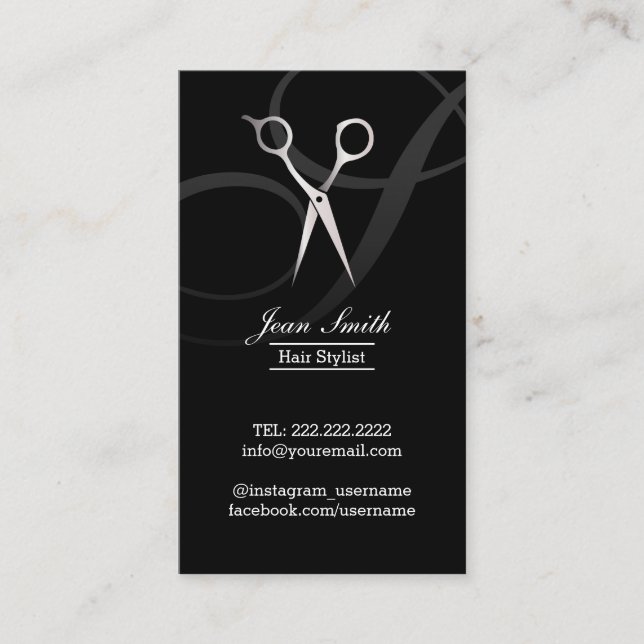 Hair Stylist Monogram Script Silver Scissor Modern Business Card (Front)