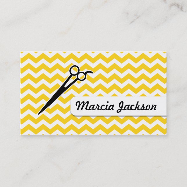 hair stylist mustard yellow chevron scissors business card (Front)