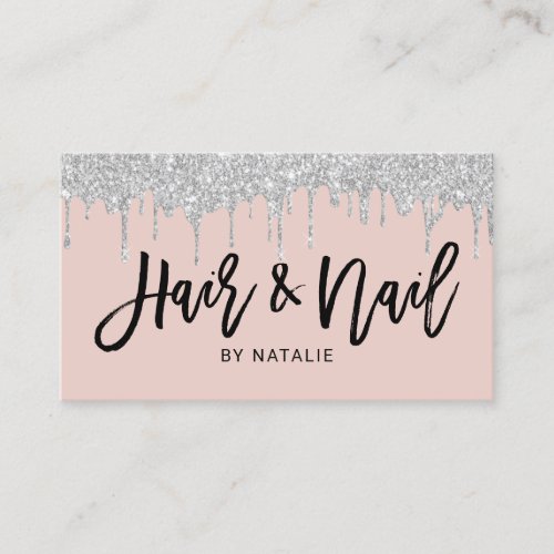 Hair Stylist Nail Salon Silve Drips Blush Pink Business Card