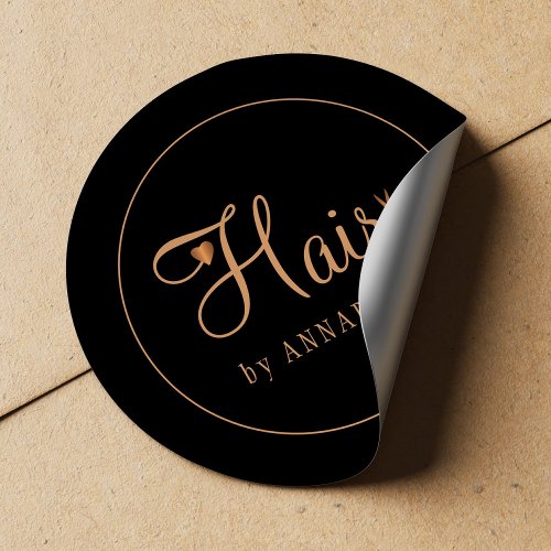 Hair stylist name gold copper elegant glam logo classic round sticker