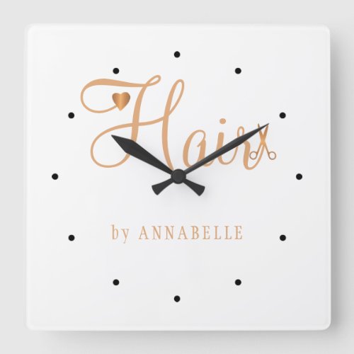 Hair stylist name gold copper elegant glam logo square wall clock