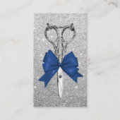 Hair Stylist Navy Blue Bow Scissor Silver Glitter Business Card (Front)