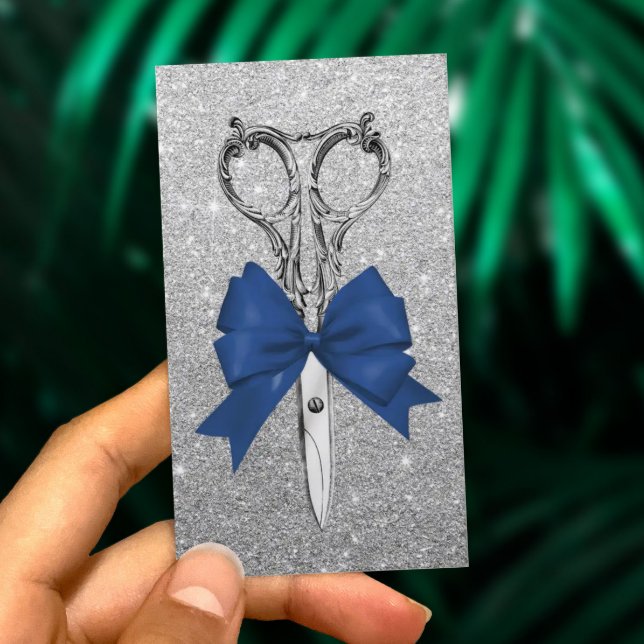 Hair Stylist Navy Blue Bow Scissor Silver Glitter Business Card