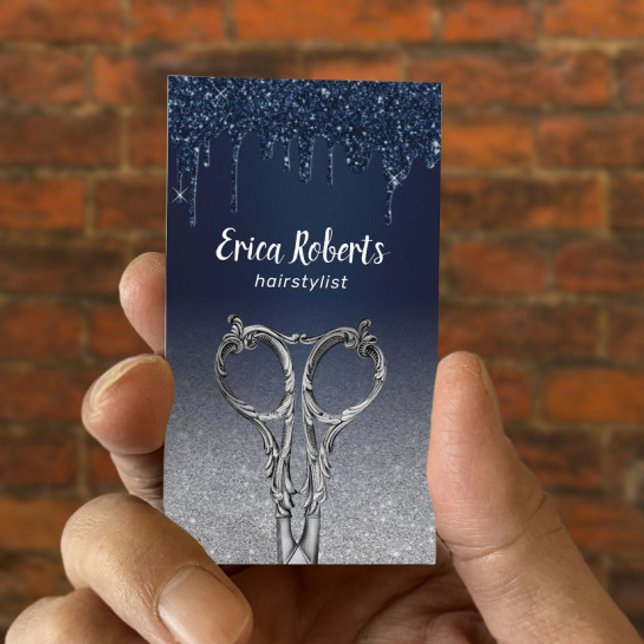 Hair Stylist Navy Blue Drips Silver Glitter Salon Business Card (Creator Uploaded)