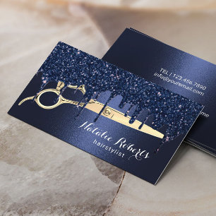 Hair Stylist Navy Blue Glitter Drips Beauty Salon Business Card