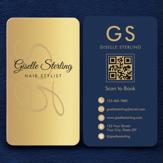 Hair Stylist Navy Blue Gold Monogram QR Code Business Card (Creator Uploaded)
