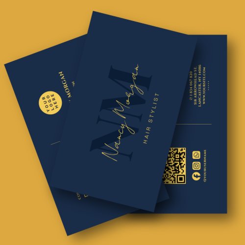 Hair Stylist Navy Blue Gold Monogram QR Code Logo Business Card