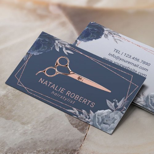 Hair Stylist Navy Floral Geometric Rose Gold Frame Business Card