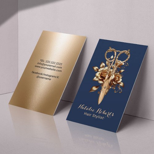 Hair Stylist Navy  Gold Scissor Flower Salon SPA Business Card