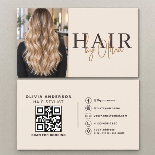 Hair Stylist Neutral Beige Photo QR Code Business Card