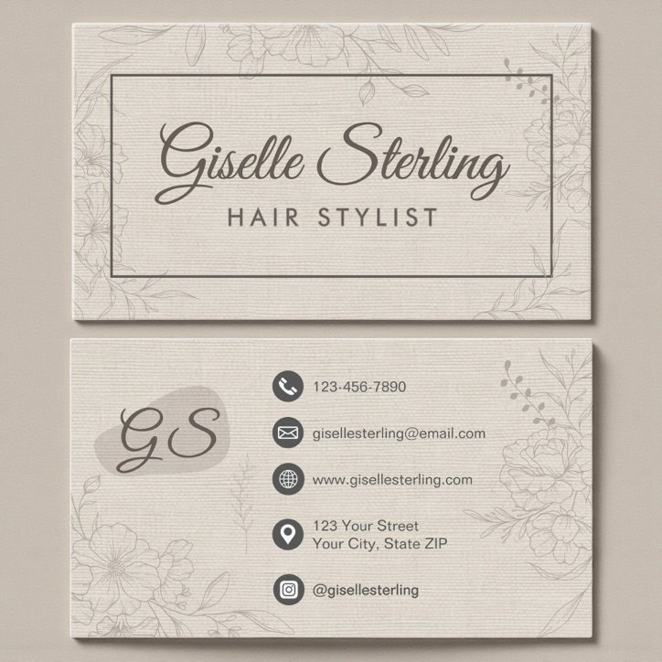 Hair Stylist Neutral Linen Floral Elegant Script Business Card
