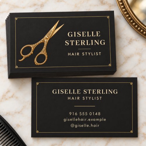 Hair Stylist Ornate Gold Scissors Black Salon Business Card