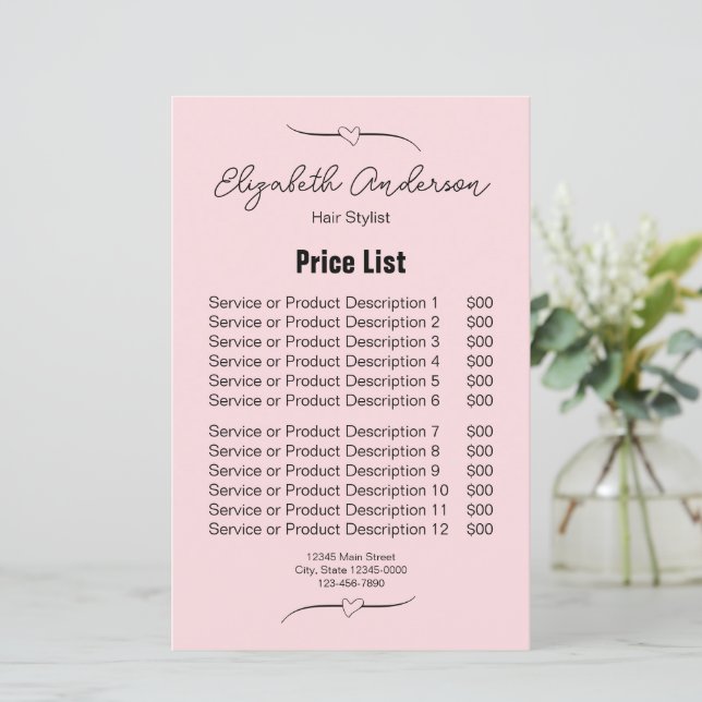 Hair Stylist Pink and Black Name Script Price List (Standing Front)