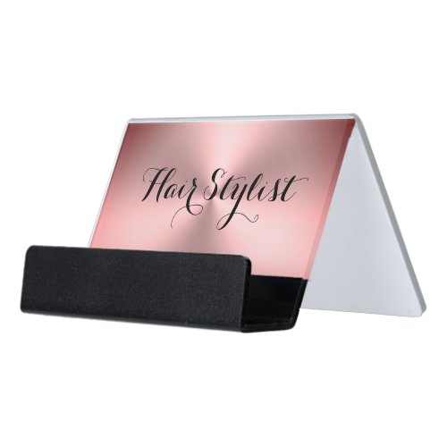 Hair Stylist Pink Brushed Metal Look Your Text  Desk Business Card Holder