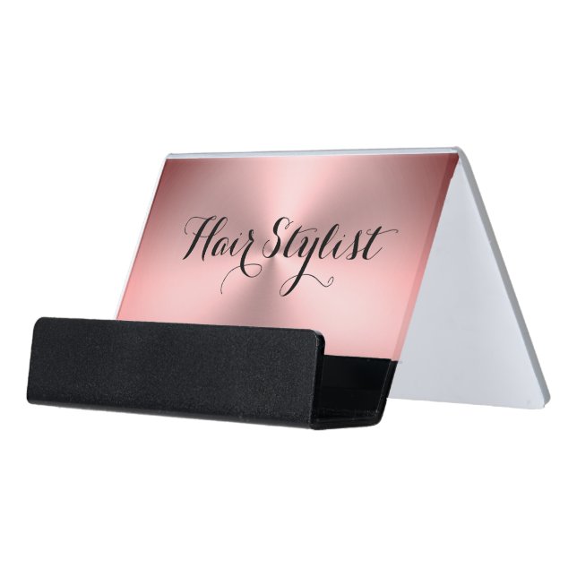 Hair Stylist Pink Brushed Metal Look Your Text  Desk Business Card Holder (Angled Front)
