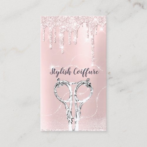 Hair Stylist Pink Drips Glitter Coiffure Scissors Business Card