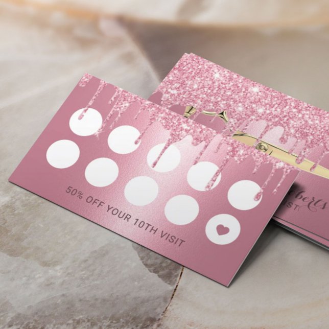 Hair Stylist Pink Glitter Drips Salon Loyalty Card (Creator Uploaded)