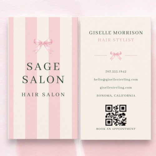 Hair Stylist Pink Green Striped Bow QR Code Business Card
