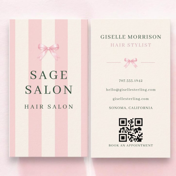 Hair Stylist Pink Green Striped Bow QR Code Business Card