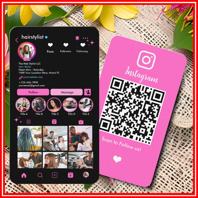 Hair Stylist Pink Instagram [LONG BIO] Business Card (Creator Uploaded)