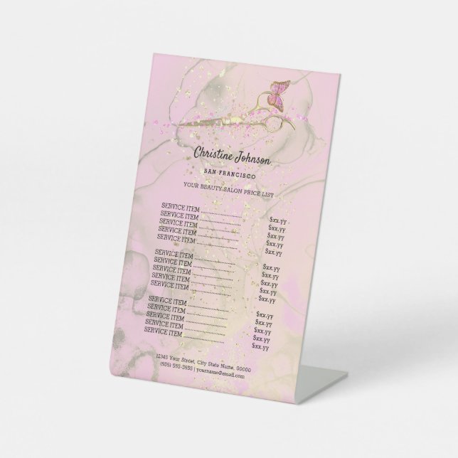 hair stylist pink price list pedestal sign (Front)