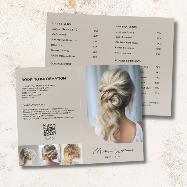 Hair Stylist Price List Services Beige Bi-Fold Brochure (Hair Stylist Price List Services Beige Bi-Fold Brochure)