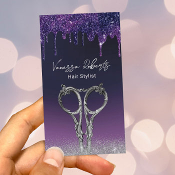 Hair Stylist Purple Drips Silver Glitter Salon Business Card by cardfactory at Zazzle