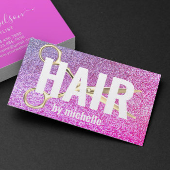 Hair Stylist Purple Glitter Bold Typography Salon  Business Card by BlackEyesDrawing at Zazzle