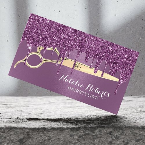 Hair Stylist Purple Glitter Drips Beauty Salon Business Card