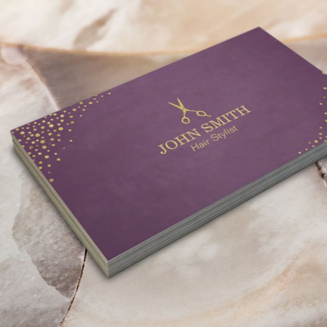 Hair Stylist Purple Gold Dots & Scissor Business Card (Creator Uploaded)