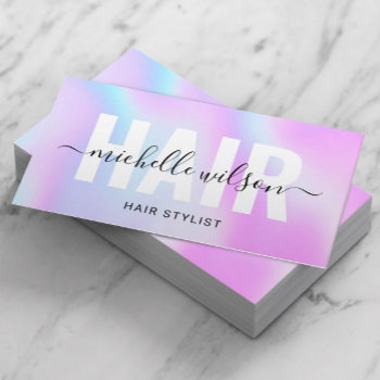 Hair Stylist Purple Holographic Typography Salon Business Card by BlackEyesDrawing at Zazzle